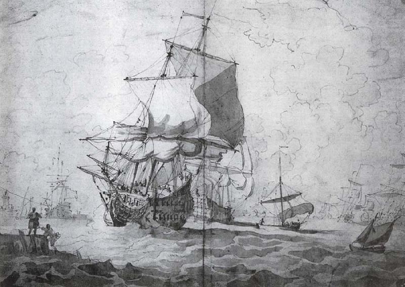 A two-decker man-o-war shortening sail seen from the port bow other craft lightly pencilled in the background, Monamy, Peter